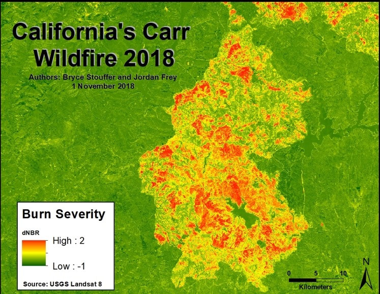 Burn severity of the 2018 California Carr Wildfire - an application in remote sensing